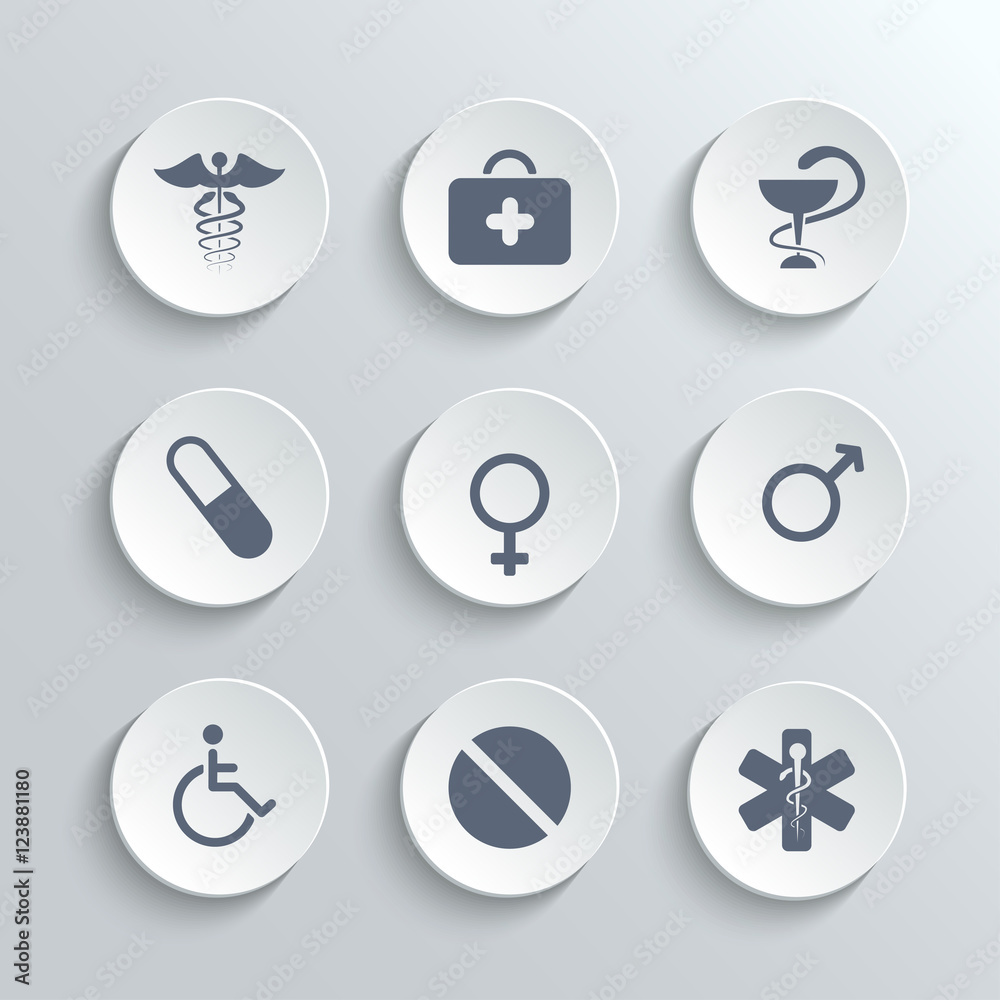 Medical icons set - vector white round buttons with first aid kit caduceus pills man woman gender and disabled symbols