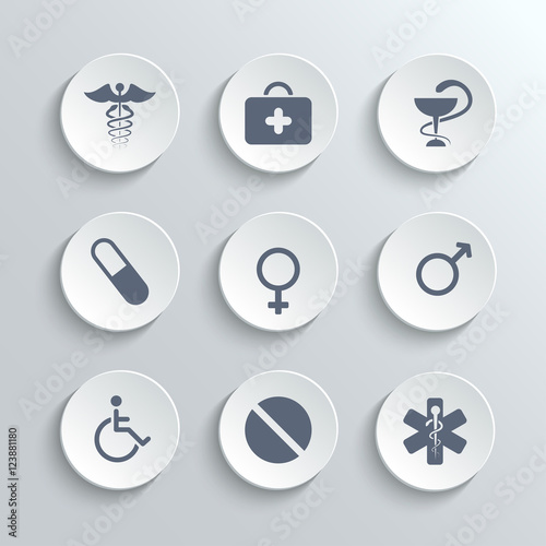 Medical icons set - vector white round buttons with first aid kit caduceus pills man woman gender and disabled symbols