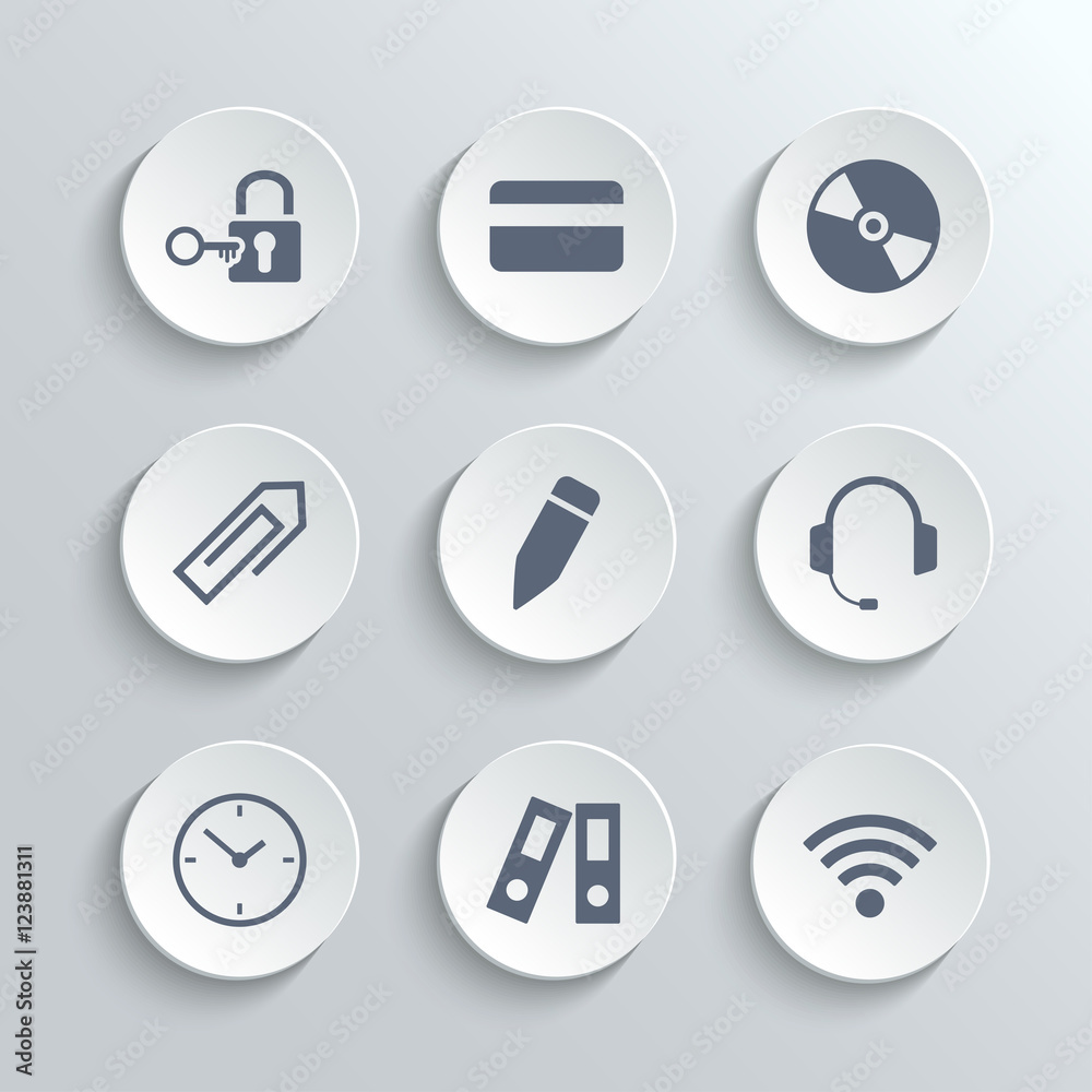 Office icons set - vector white round buttons with lock key credit card disk clip pen headphones clock folder wi-fi zone Office icons set - vector white round buttons with lock key credit card disk clip pen headphones clock folder wi-fi zone