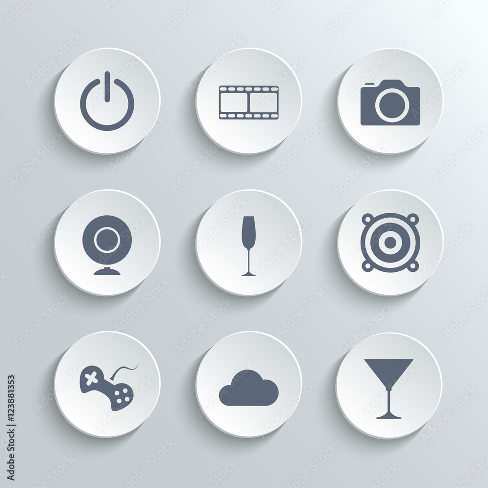 Multimedia icons set - vector white round buttons with power film camera webcam party disco game cloud cocktail symbols Multimedia icons set - vector white round buttons with power film camera webcam party disco game cloud cocktail symbols