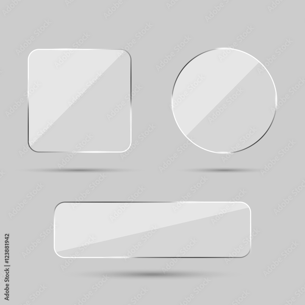 Set of 3d realistic transparent glass buttons: square with round corners ans circle. Vector illustration. Set of 3d realistic transparent glass buttons: square with round corners ans circle. Vector illustration.
