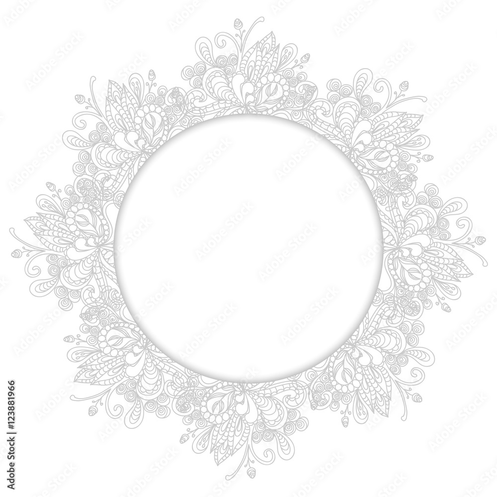 Fanciful hand drawn floral ornament with circle in the center for text, on white background. Vector illustration Fanciful hand drawn floral ornament with circle in the center for text, on white background. Vector illustration
