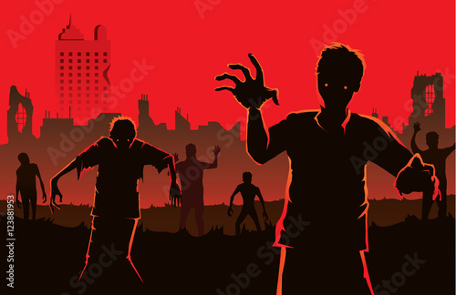 Zombie walking out from abandoned city. Silhouettes illustration about Halloween concept.