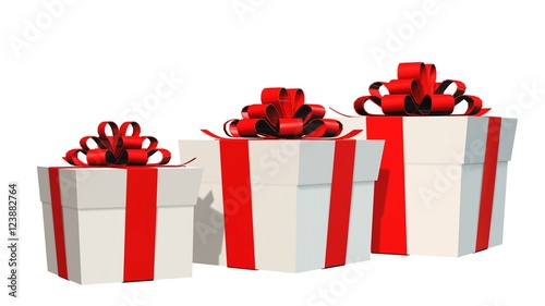 Presents gift boxes with red ribbons isolated on white 
