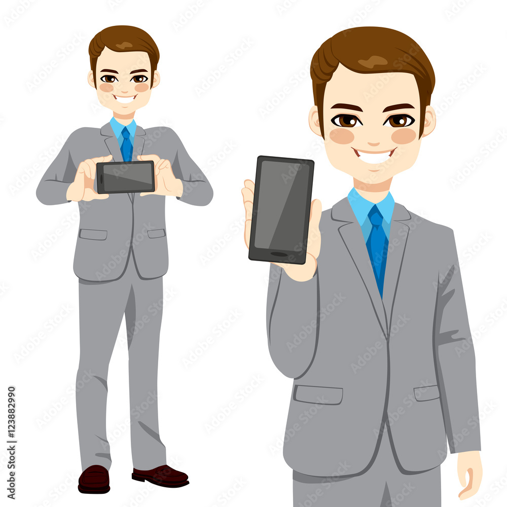 Young attractive businessman displaying smartphone on horizontal and vertical position Young attractive businessman displaying smartphone on horizontal and vertical position