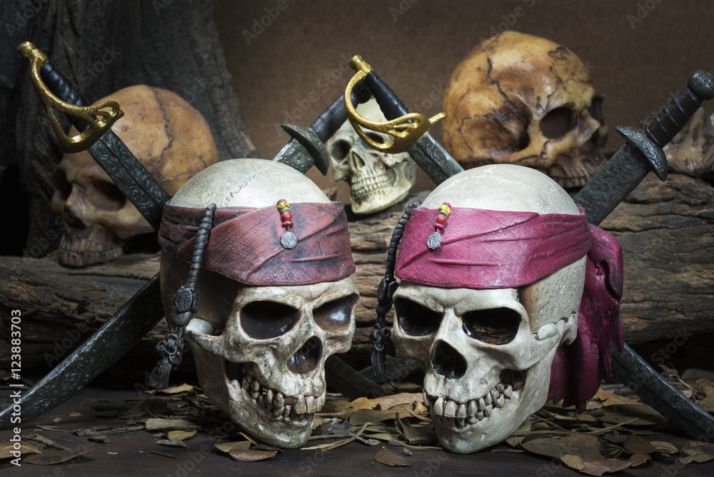 Two Pirate skull over three human skull in the forest Two Pirate skull over three human skull in the forest