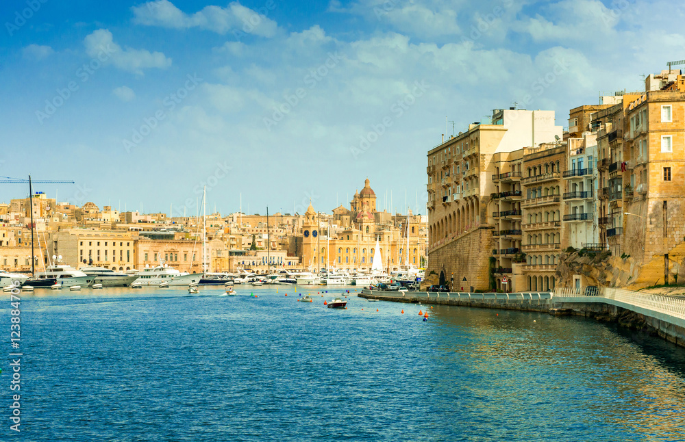 beautiful view of Valletta harbour with yachts and boats