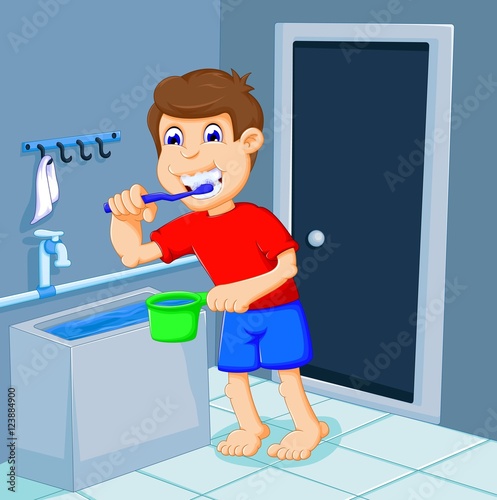 cute boy cartoon brushing teeth in bath room