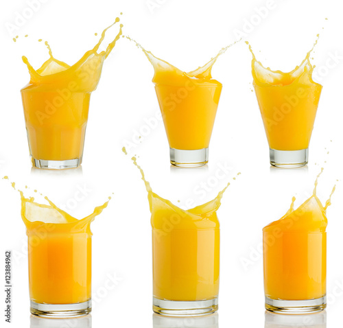 orange juice splashes set isolated on white