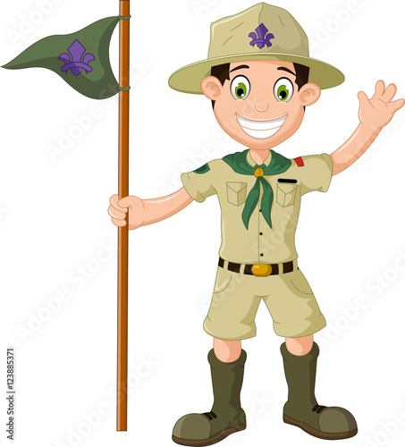 cute boy scout cartoon holding pole yelling