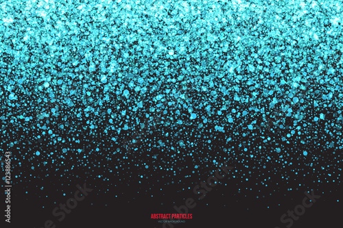 Abstract bright cyan shimmer glowing round falling particles vector background. Scatter shine tinsel light explosion effect. Sparkle blue dots. Celebration, holidays and party illustration