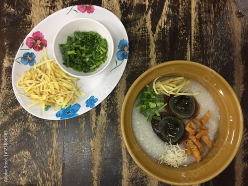 porridge with century egg or preserved duck eggs, traditional chinese.