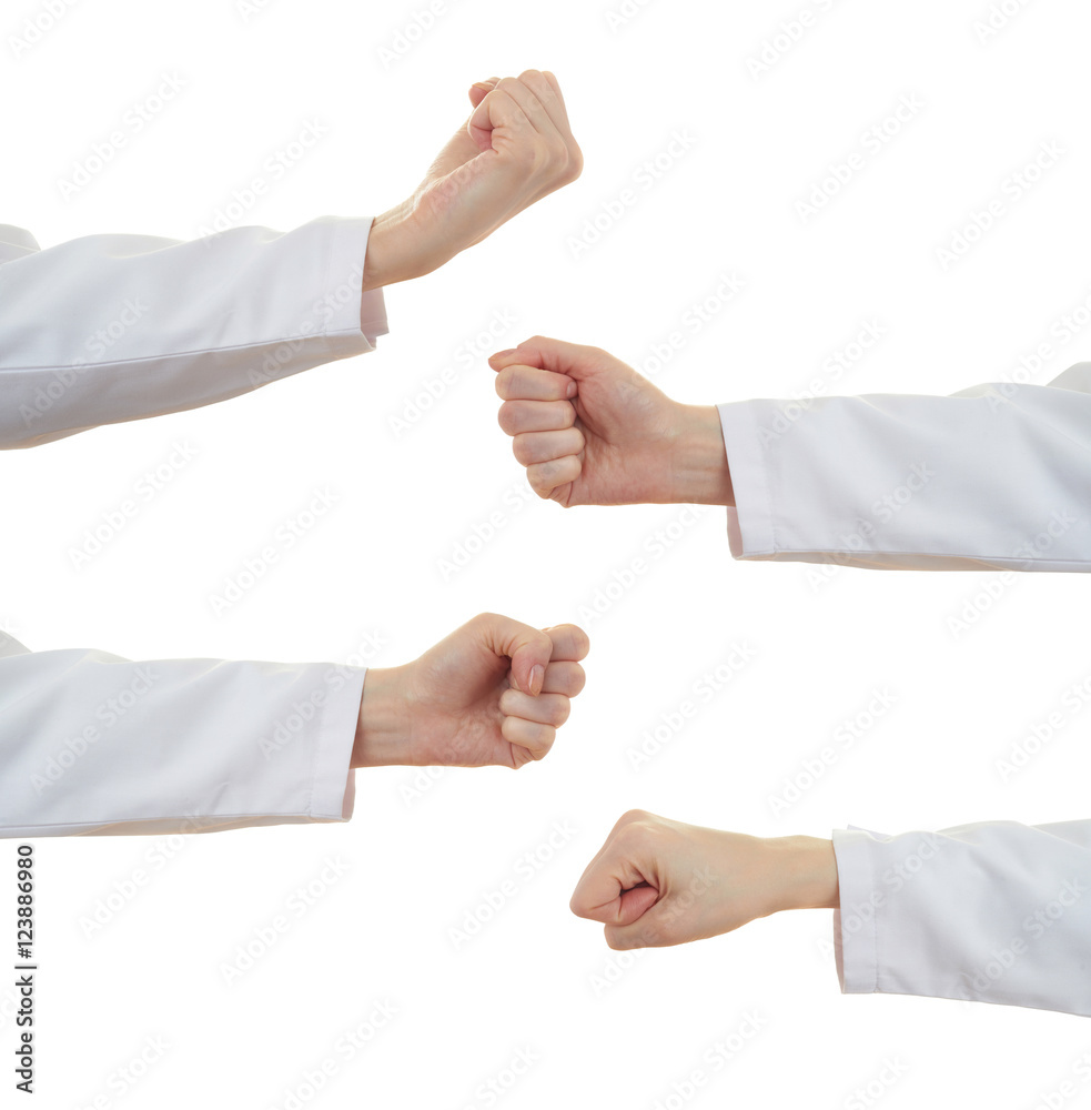 Set of doctor female hand over white isolated background Set of doctor female hand over white isolated background