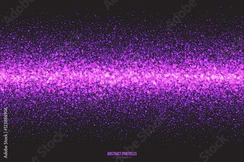 Abstract bright purple shimmer glowing round falling particles vector background. Scatter shine tinsel light explosion effect. Sparkle violet dots. Celebration, holidays and party illustration
