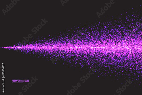Abstract bright purple shimmer glowing round falling particles vector background. Scatter shine tinsel light explosion effect. Sparkle violet dots. Celebration, holidays and party illustration