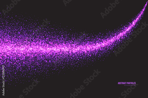 Abstract bright purple shimmer glowing round falling particles vector background. Scatter shine tinsel light explosion effect. Sparkle violet dots. Celebration, holidays and party illustration