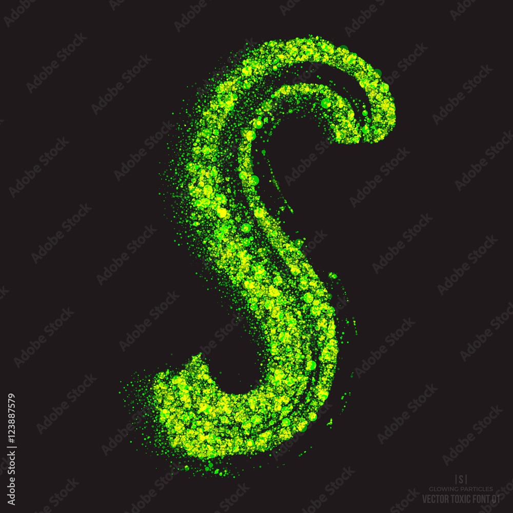 Vector grunge toxic font 001. Letter S. Abstract acid scatter glowing bright green color particles background. Radioactive waste. Zombie apocalypse. Grungy shape. Hand made design element