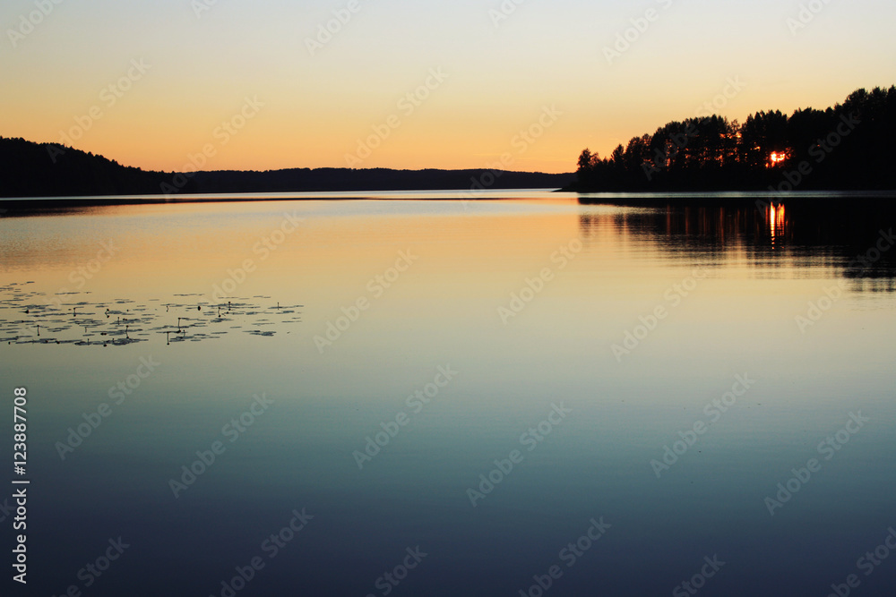 Sunset. Kenozero lake. Aged photo. Russian north.