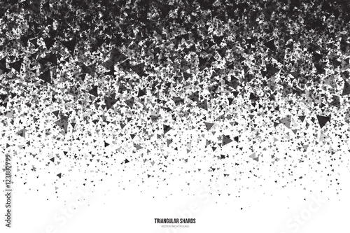 Abstract vector black triangular shards on white background. Scatter falling dark gray triangle particles. Exploding effect