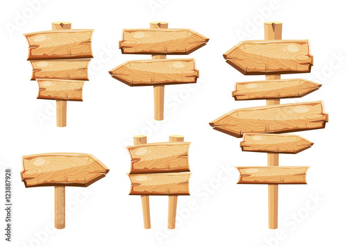 Old wooden blank cartoon sign boards isolated on white vector collection