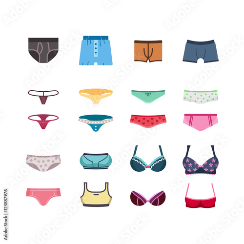 Male and female underwear, pants, bra flat vector icons