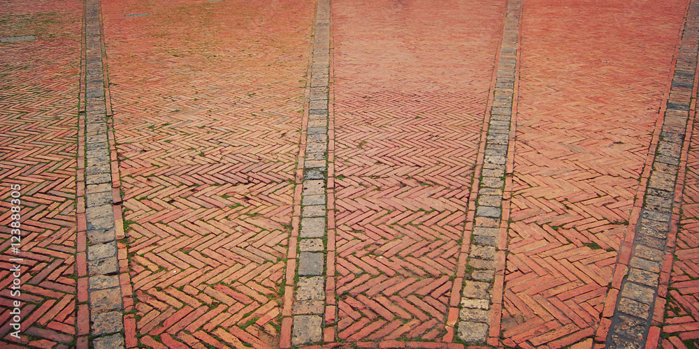 Brick pavement. Historic center of Siena. Piazza del Campo. Old zigzag pavement with grass growing through. Old paving useful as a background. Italy.