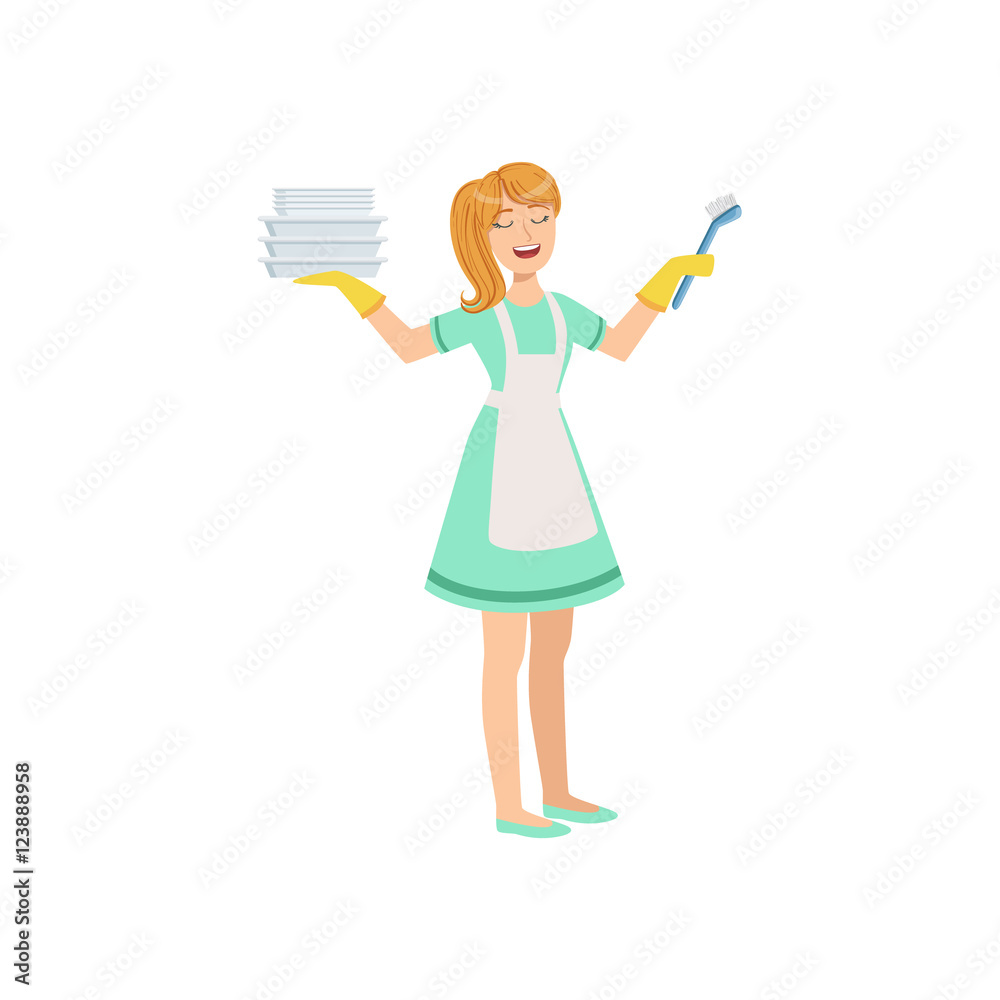 Hotel Professional Maid Washing Dishes Illustration Hotel Professional Maid Washing Dishes Illustration