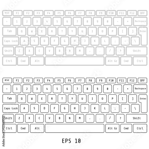White computer keyboard button layout template with letters for