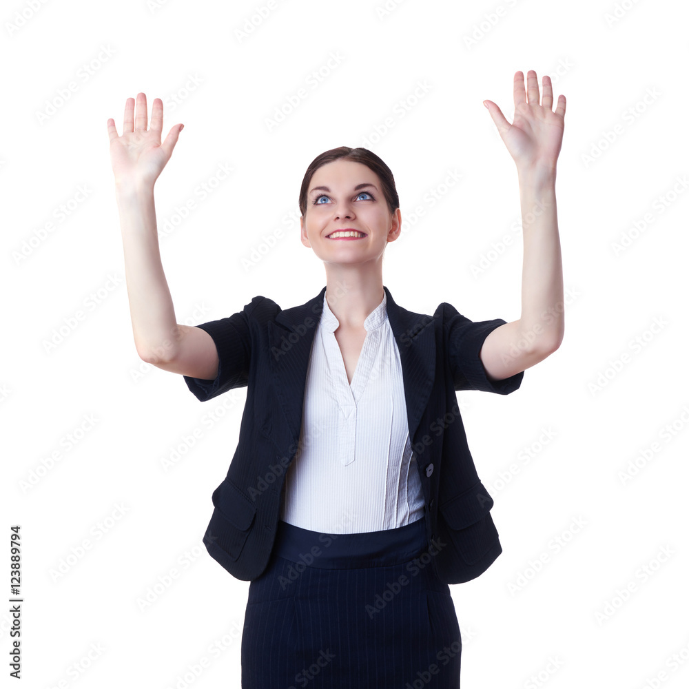 Smiling businesswoman standing over white isolated background Smiling businesswoman standing over white isolated background