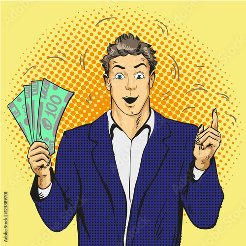 Rich handsome guy hold money and point his finger up. Business concept vector in pop art style.