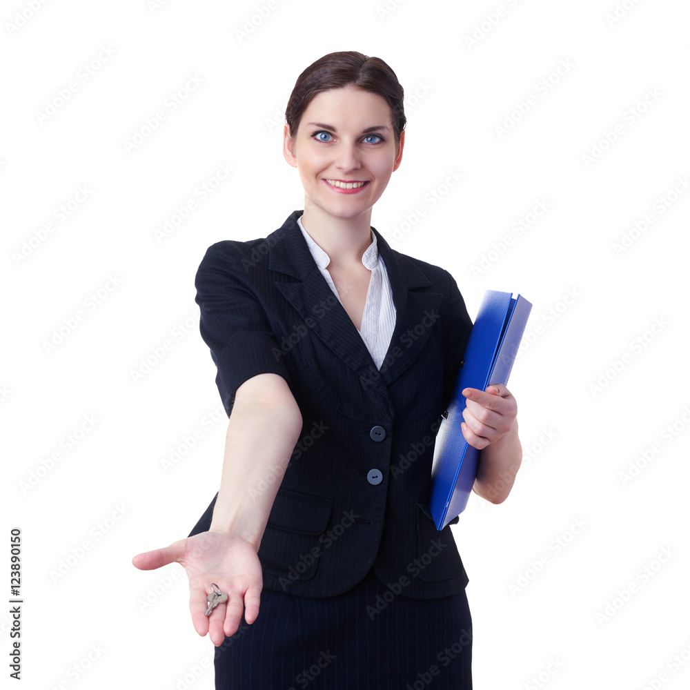 Smiling businesswoman standing over white isolated background Smiling businesswoman standing over white isolated background