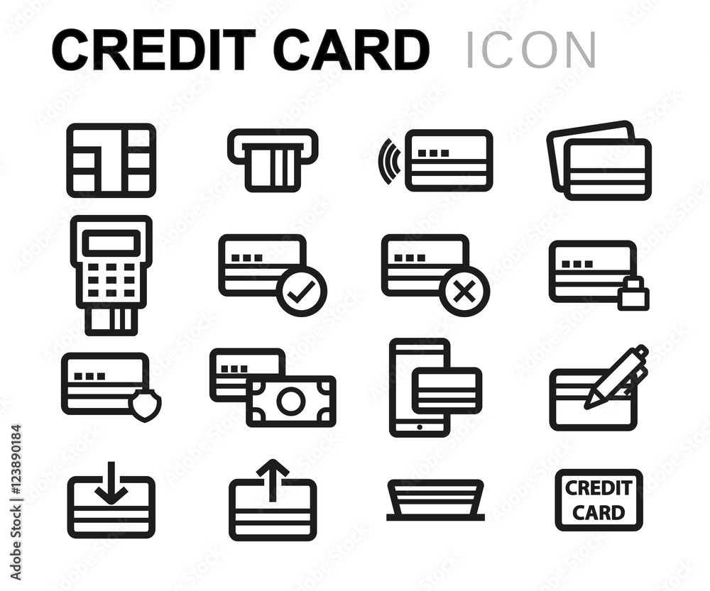 Vector black line credit card icons set