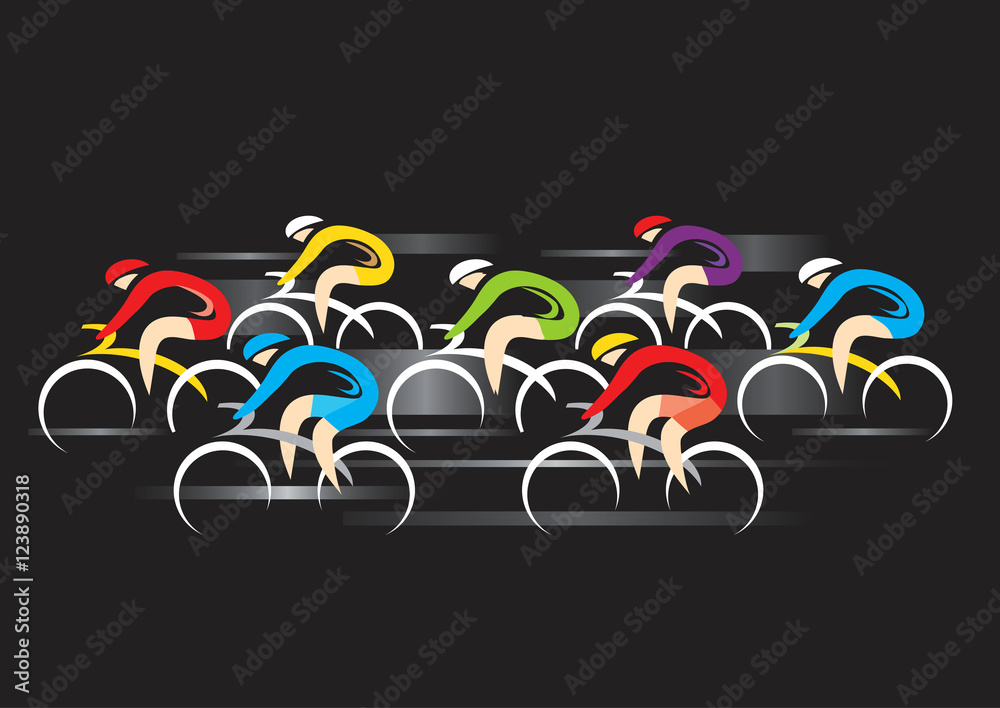 Naklejka premium Road Cycling Competitors. Group of racing cyclists on the black background.Vector available.