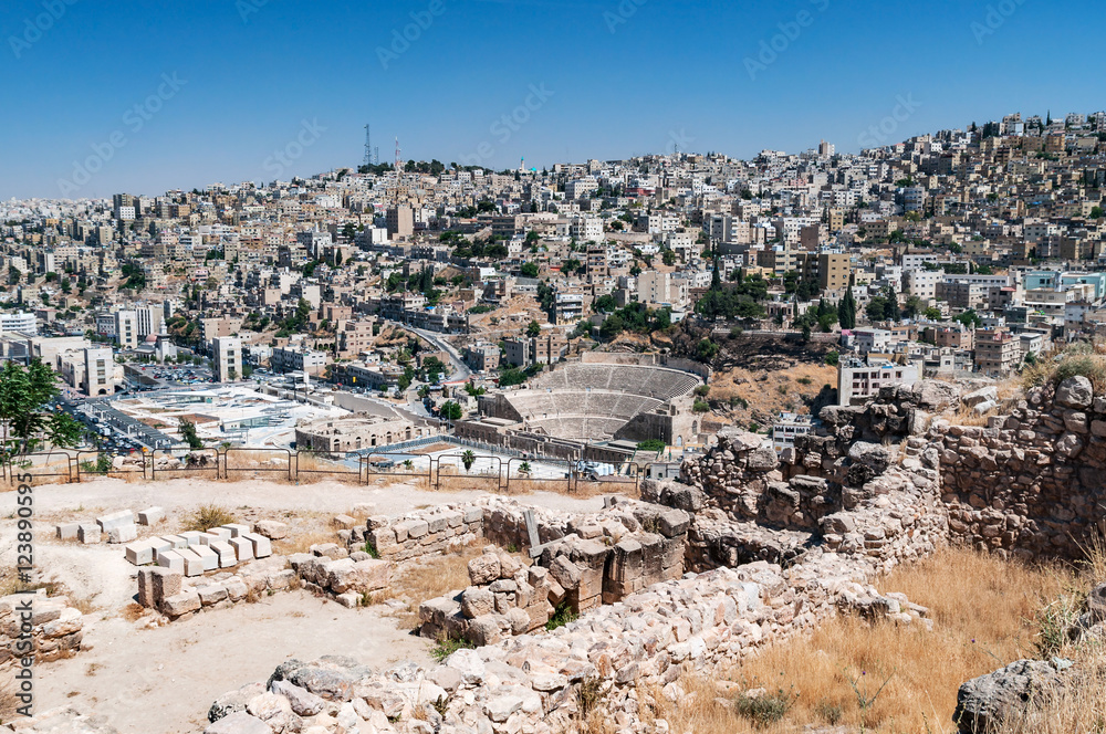 panoramic view of roman theater in amman, jordan