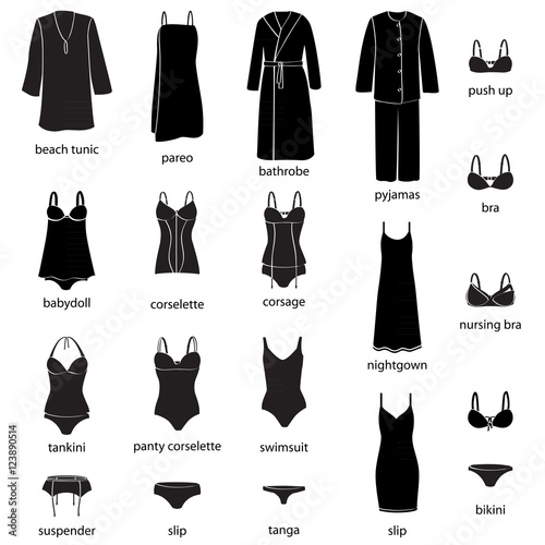 Women silhouette underwear. Beach tunic, pareo, bathrobe, pyjamas, push up, babydoll, corselette corsage, nightgown, tankini, panty corselette, swimsuit, nursing bra, suspender, tanga, bikini.