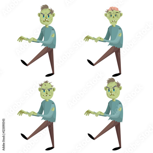 Cartoon walking zombies set. Trendy halloween party vector icons isolated on white background. Zombie with hair, without hair and zombie with brain.