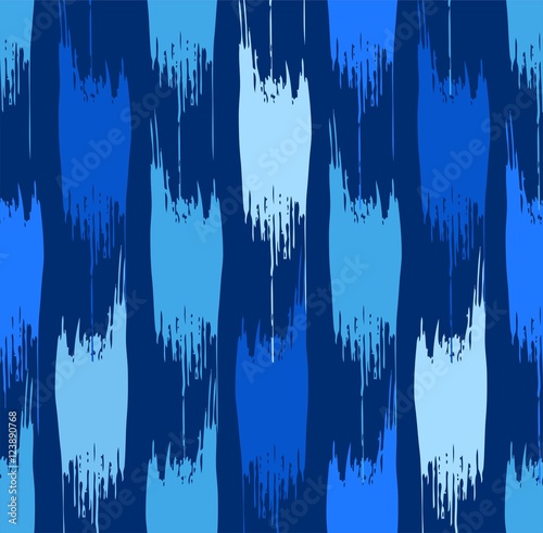 Abstract stains, seamless pattern, blue. Vector background of vertical, jagged, dark blue and light spots on a dark blue field. 