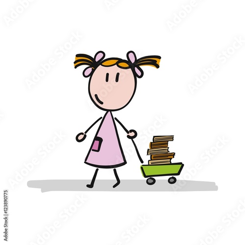 Una niña que lleva un carro con libros