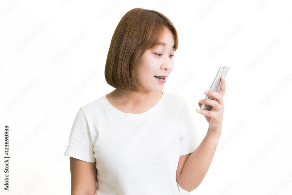 Woman Talking On Phone Over White Background Woman Talking On Phone Over White Background