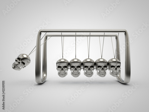 3D illustration of Newton's Cradle with skulls

