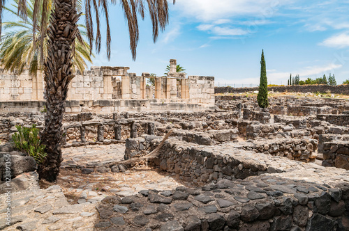 white synagogue in capernaum, israel photo