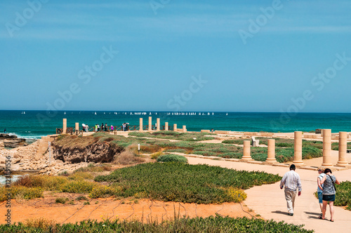 panoramic view of coastline in ancient caesarea, israel photo