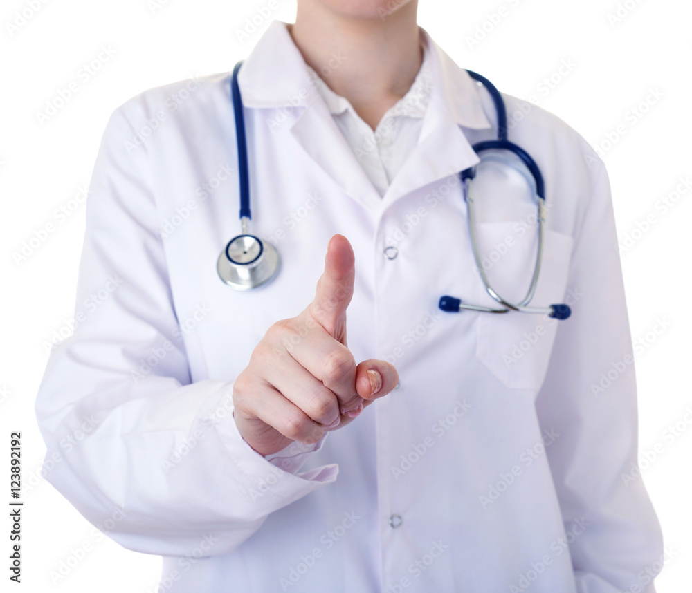 Female doctor assistant in white coat over isolated background Female doctor assistant in white coat over isolated background