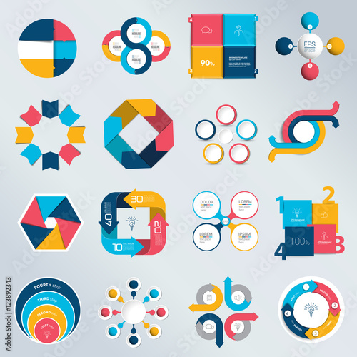 Mega set of business concept with 4 options, steps, processes. Infographic, diagram, graph, scheme, presentation and round chart.