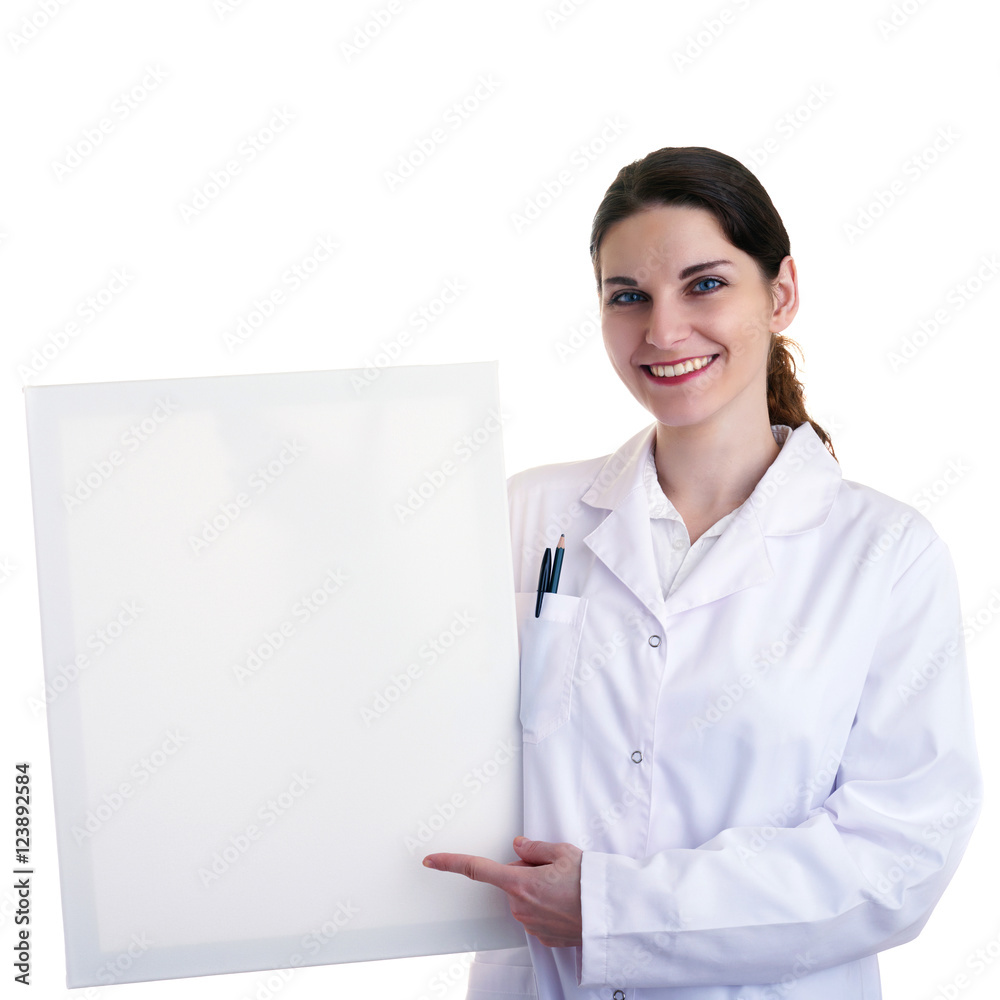 Female doctor assistant scientist in white coat over isolated background Female doctor assistant scientist in white coat over isolated background