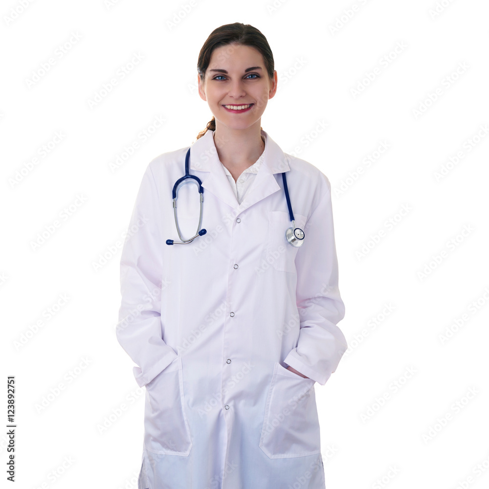 Fototapeta premium Female doctor assistant scientist in white coat over isolated background