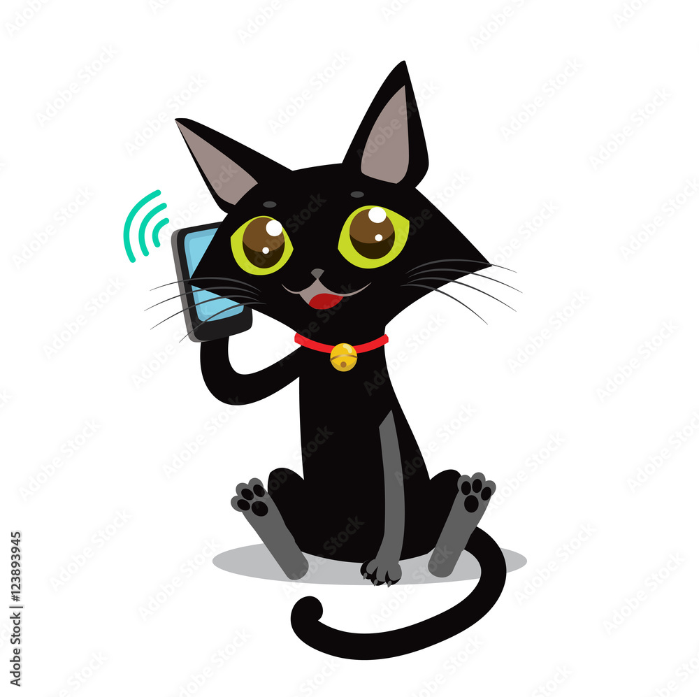 Cat With Phone. Sociable Cat Vector Picture. Cat Toy Picture. Vector