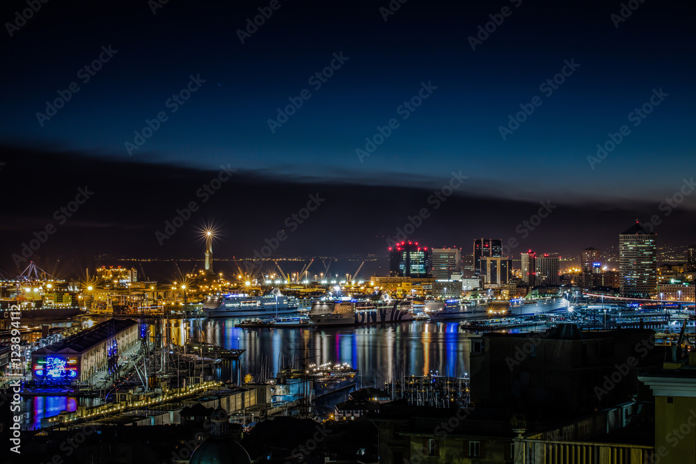 GENOA, ITALY, OCTOBER  19, 2015: Night view of the city of Genoa, Italy/ Genoa landscape/ Genoa Skyline