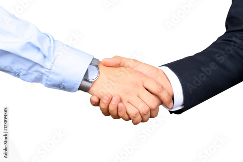 Successful business people shaking hands on a white background