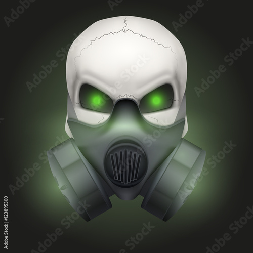 Human skull with gas mask. Chemical industry. Party poster. Vector isolated on dark background.